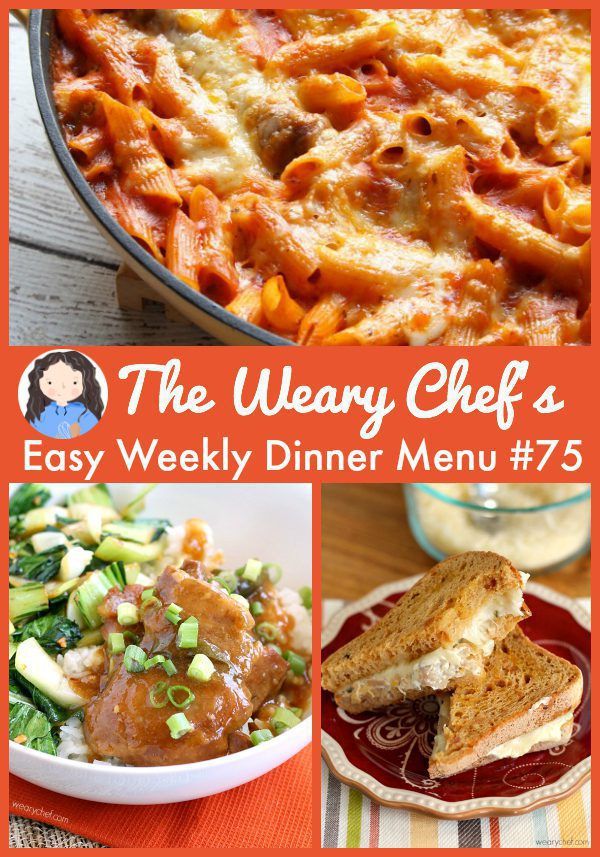 Easy Weekly Dinner Menu 75 - Chicken Adobo, Artichoke Dip Grilled Cheese Sandwiches, BBQ Chicken Salad, and lots more!