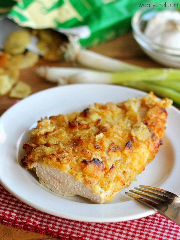 Sour Cream and Onion Potato Chip Chicken - This easy, baked chicken recipe gives you juicy chicken breasts with a crispy, flavorful coating!