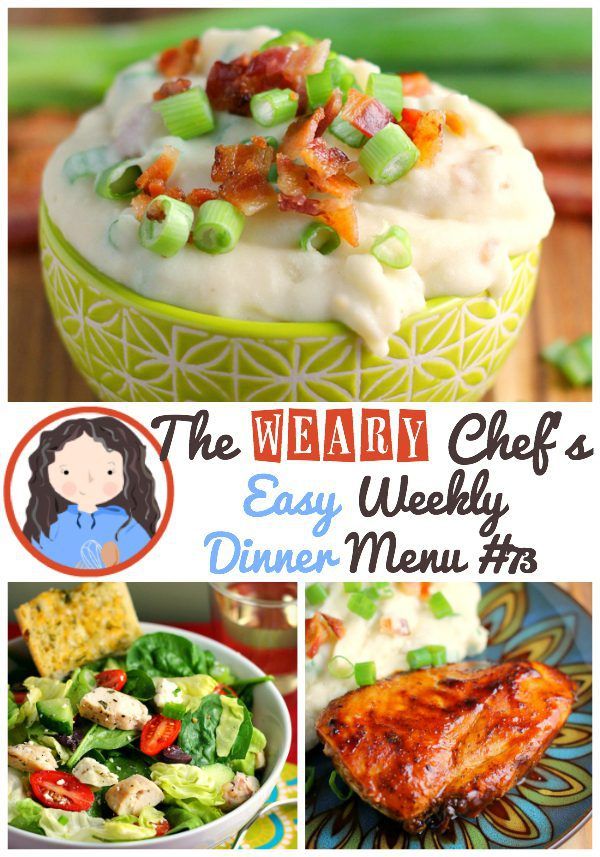 Easy Weekly Dinner Menu featuring Spicy Sausage Pasta, Stovetop BBQ Chicken, Loaded Mashed Potatoes, Buffalo Chicken Fajitas, and lots more!