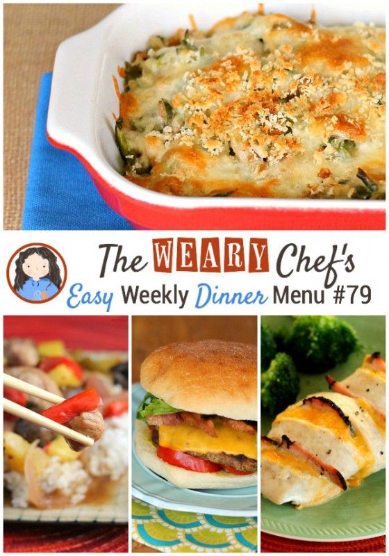 Easy Weekly Dinner Menu #79 - Healthy Nachos, Slow Cooker Sweet and Sour Pork, Bacon Ranch Burgers, Hasselback Chicken, and lots more!