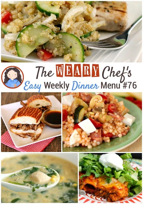 This week's menu features easy dinner ideas like Chicken and Corn Soup, Fajita Enchilada Lasagna, Couscous Antipasto Salad, and lots more!