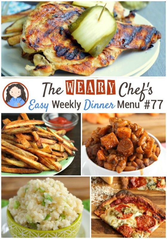 Easy Weekly Dinner Menu featuring Easy Jambalaya, Franks and Beans, Asian Slow Cooker Beef, Cajun Oven Fries, and lots more! - wearychef.com