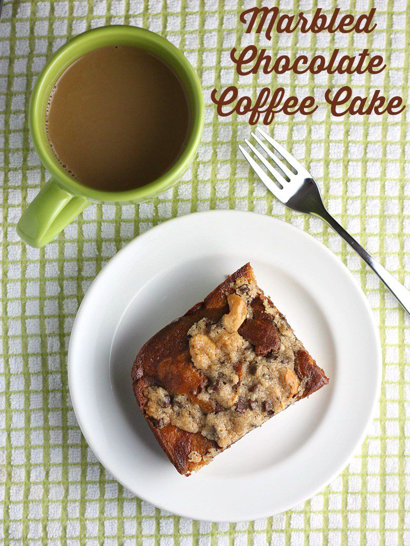 Marbled Chocolate Coffee Cake - Sweetened with applesauce and banana and topped with a chocolate-cashew crumb topping. Perfect for breakfast or dessert!