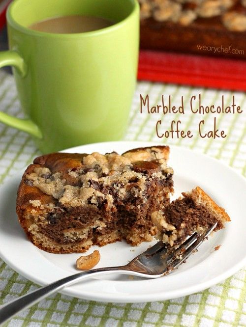 Marbled Chocolate Coffee Cake - Sweetened with applesauce and banana and topped with a chocolate-cashew crumb topping. Perfect for breakfast or dessert!