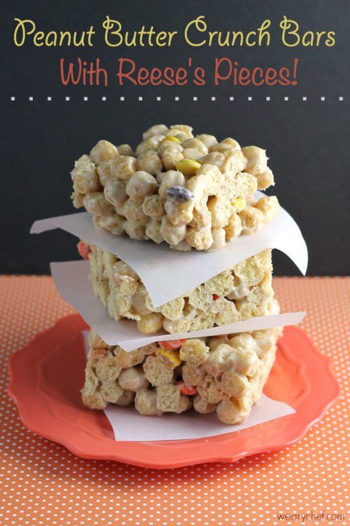 These easy cereal bars made with Peanut Butter Crunch and loaded with Reese's Pieces are a peanut butter lover's dream come true!