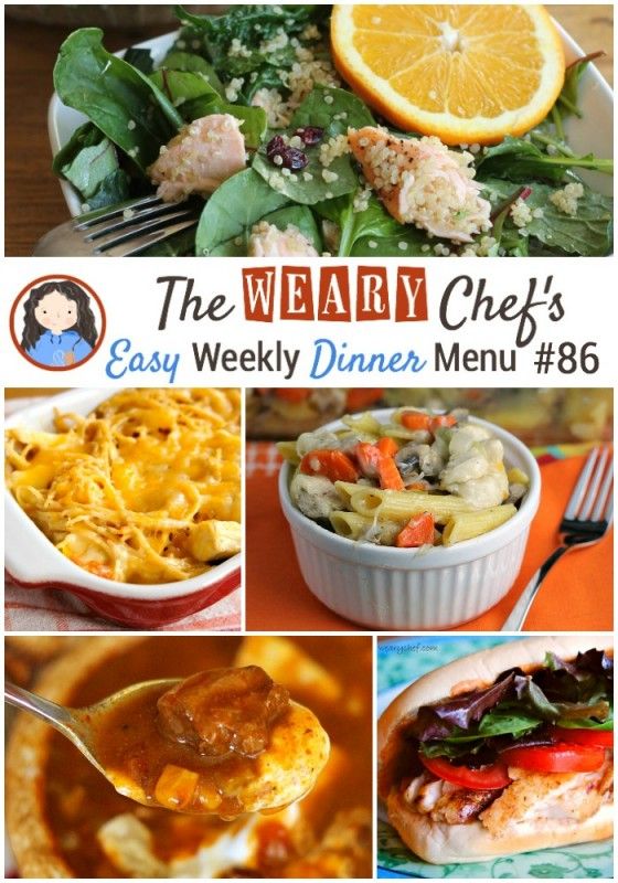 Easy dinner menu featuring Chicken Soup Casserole, Slow Cooker Enchilada Soup, Tilapia Sandwiches, and lots more!