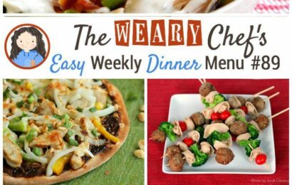 Easy Weekly Dinner Menu featuring Thai Pizza, Ranch Club Salad, 7-Layer Tacos, Taco Macaroni, and lots more!