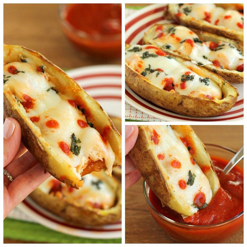 These Italian Potato Skins are loaded with chicken, marinara sauce, cheese, and basil. They are a fun party food or dinner recipe!