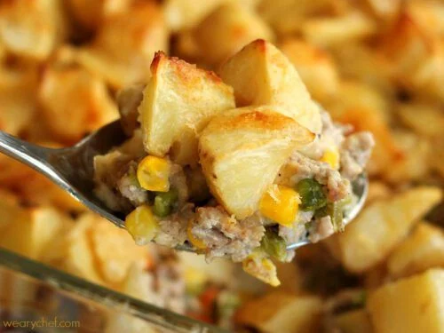 (Good-for-You) Meat and Potatoes Casserole - Ground beef or turkey is sauteed with vegetables, covered in potatoes, and smothered in a light, creamy sauce. Bake it up for a dinner your family will love!