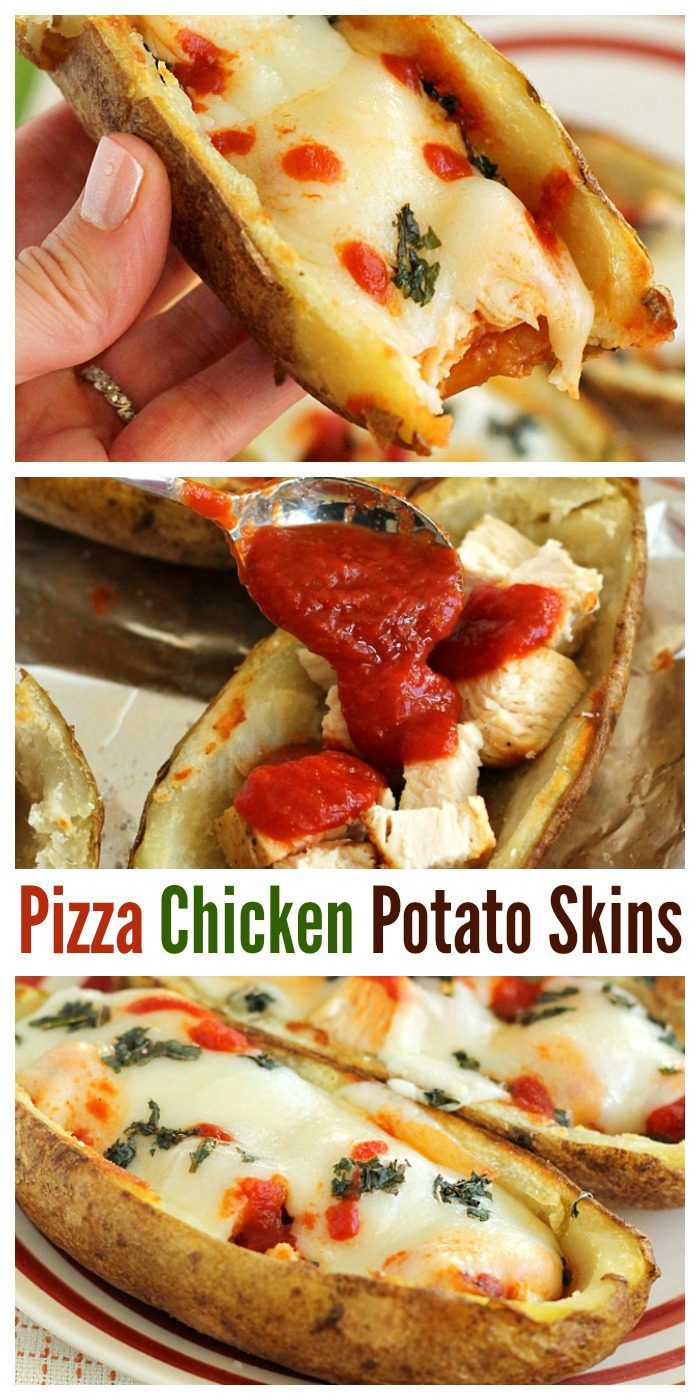 These Pizza Chicken Potato Skins loaded with chicken, marinara sauce, and mozzarella cheese are perfect for dinner or parties! #potatoskins #pizzachicken