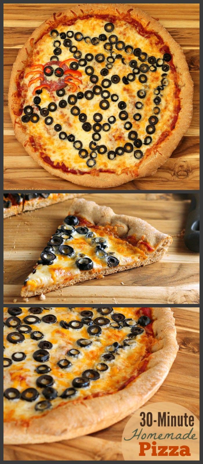 This spiderweb pizza makes a fun and easy Halloween dinner! Get creative and change up the toppings for different occasions! #spiderweb #halloween #pizza