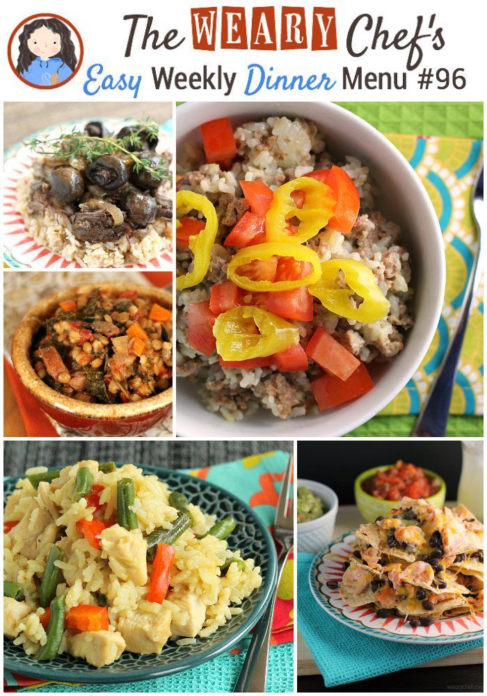 Easy weekly dinner menu featuring Spicy Cheeseburger Rice, Skillet Thai Curry, Salmon Nachos, Tuna Noodle Casserole, and lots more!