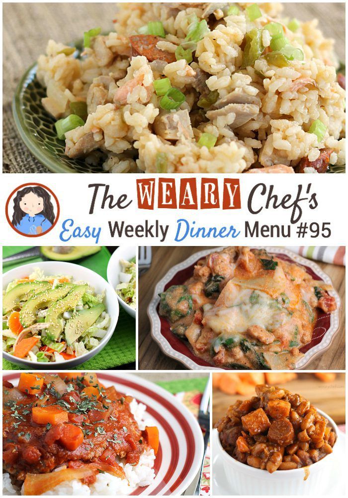 This menu features Skillet Lasagna, Easy Swiss Steaks, Healthy Chinese Chicken Salad, Franks and Beans, and lots more!