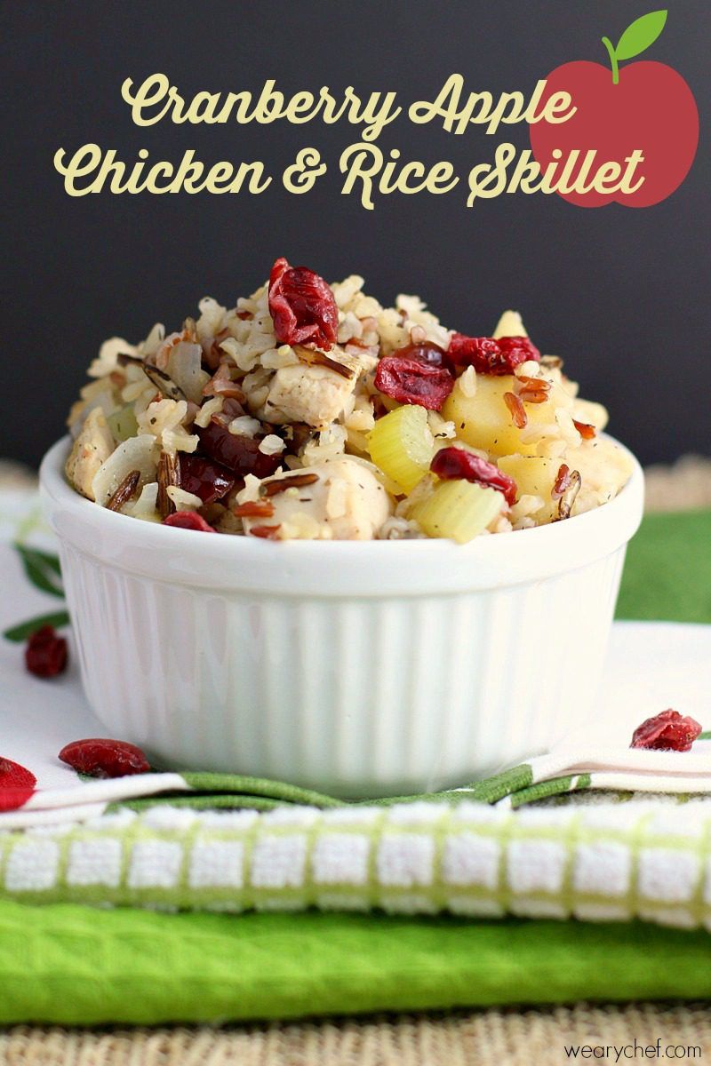 This 30-minute skillet dinner is loaded with dried cranberries, fresh apples, celery, and chicken simmered together with instant brown rice. #cranberry #apple #chicken #rice