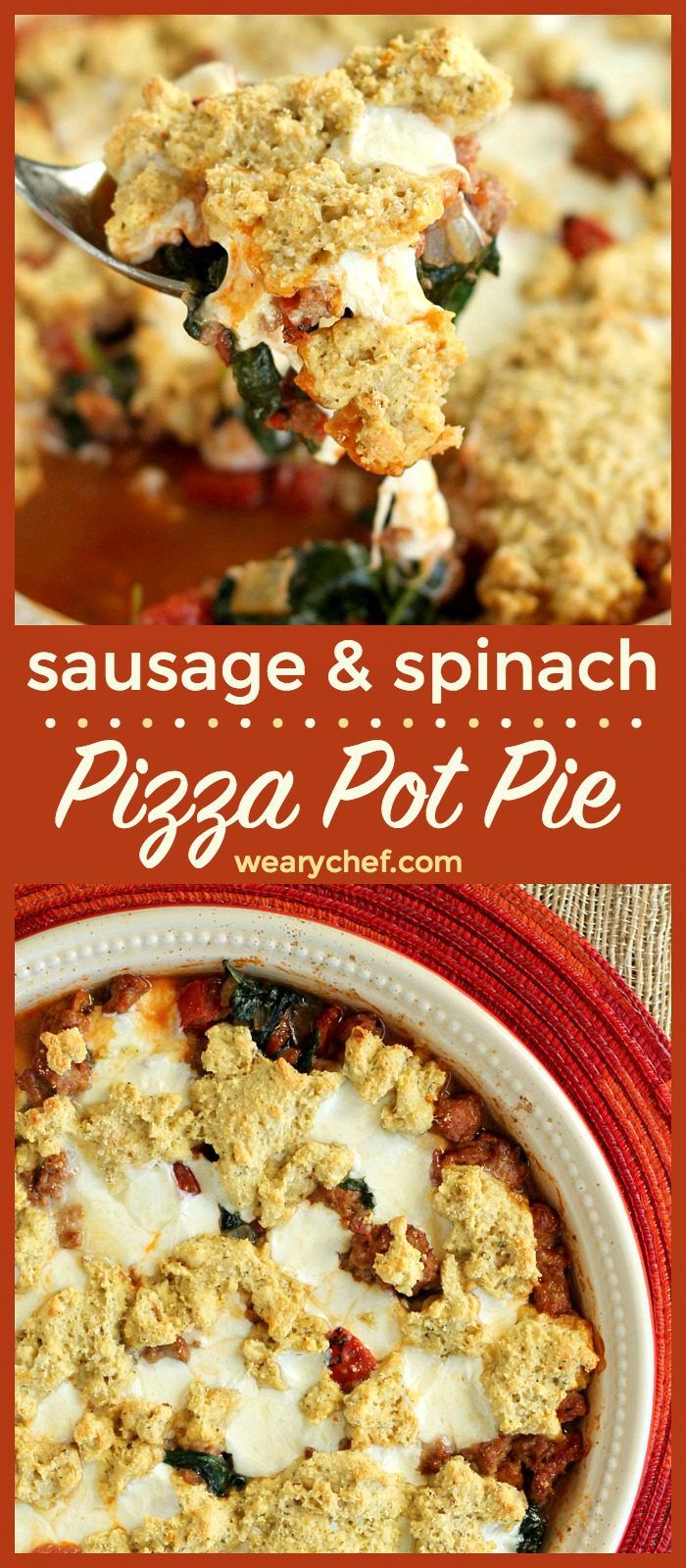 This Pizza Pot Pie loaded with sausage and spinach is easy to make and includes a gluten free option!