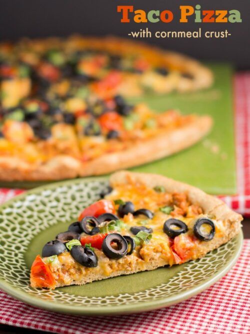 This irresistible Taco Pizza has an easy cornmeal crust that requires no rising time!