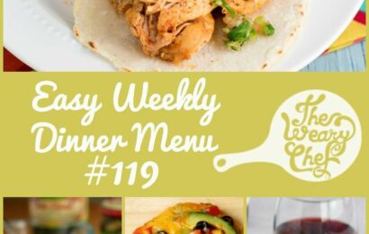 Weekly dinner menu featuring Margarita Chicken Tacos, Beef Barley Soup, Creamy Spaghetti, and lots more (plus coupons)!