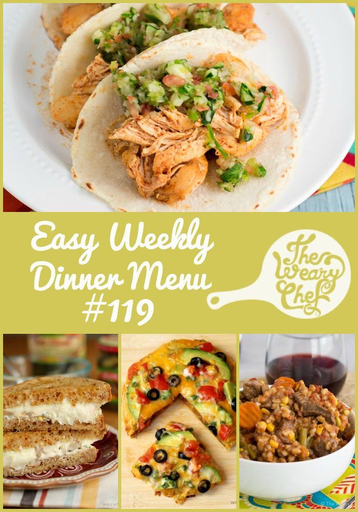 Weekly dinner menu featuring Margarita Chicken Tacos, Beef Barley Soup, Creamy Spaghetti, and lots more (plus coupons)!