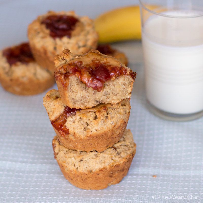 Peanut Butter and Jelly Stuffed Banana Muffins - The Weary Chef