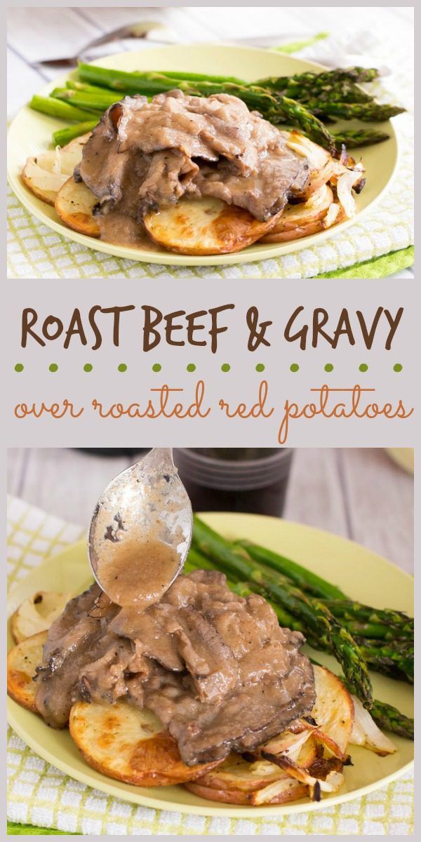 This easy recipe for roast beef and gravy served over potatoes and onions is perfect for Sunday dinner or busy weeknights!