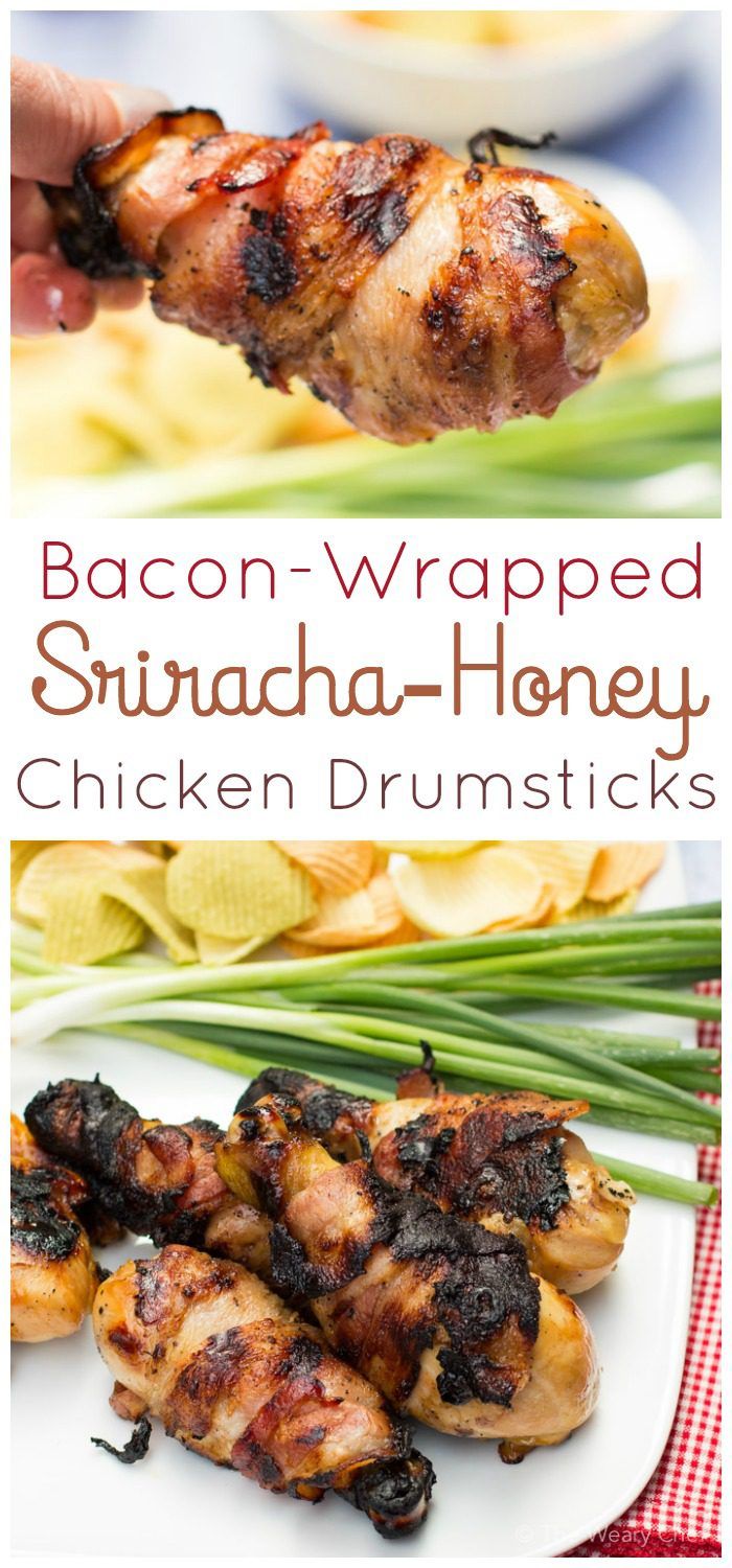 Easy bacon-wrapped grilled chicken legs are flavored with honey, soy, and Sriracha!