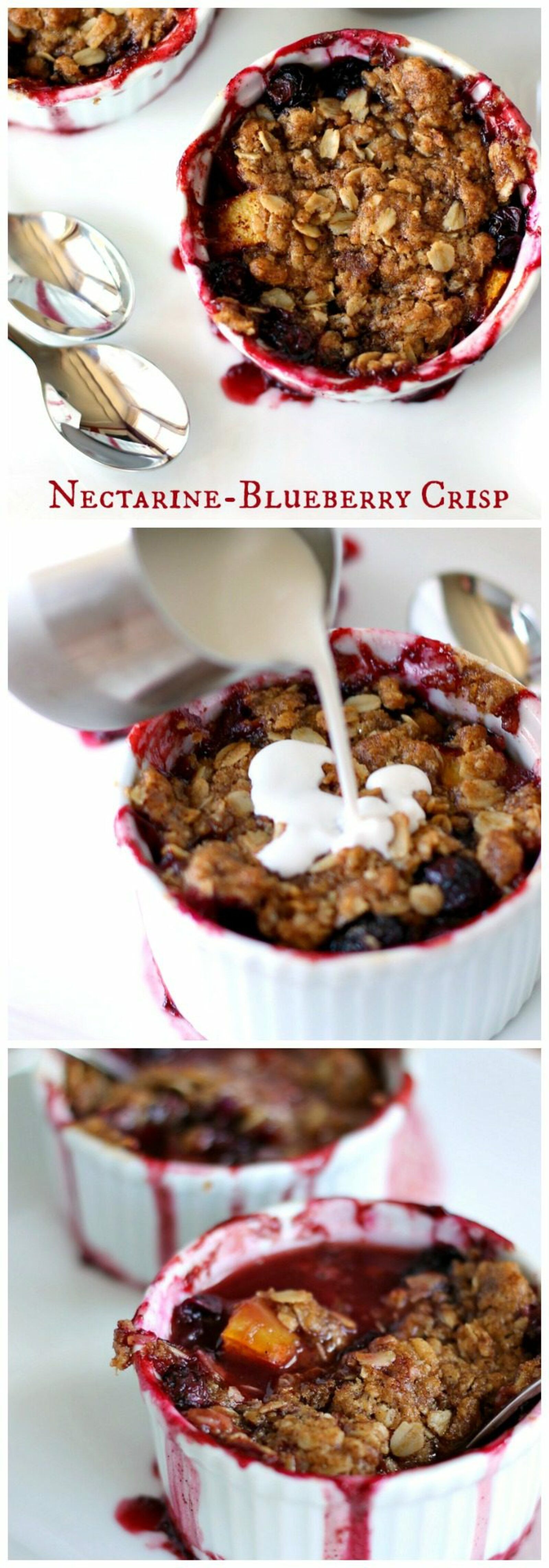 Individual servings of blueberry nectarine crisp can be topped with cream at breakfast or ice cream for dessert!