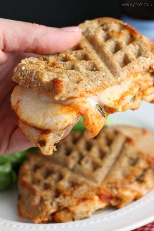 This caprese grilled cheese sandwich is loaded with melted mozzarella, chicken, and marina sauce. An easy comfort food dinner recipe!