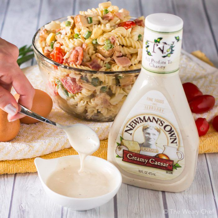 Make your day better with this Chicken Caesar Pasta Salad loaded with bacon, boiled eggs, and more!