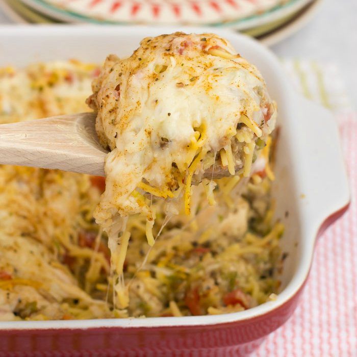 Spaghetti lovers will fall hard for this satisfying chicken casserole recipe the whole family will love!