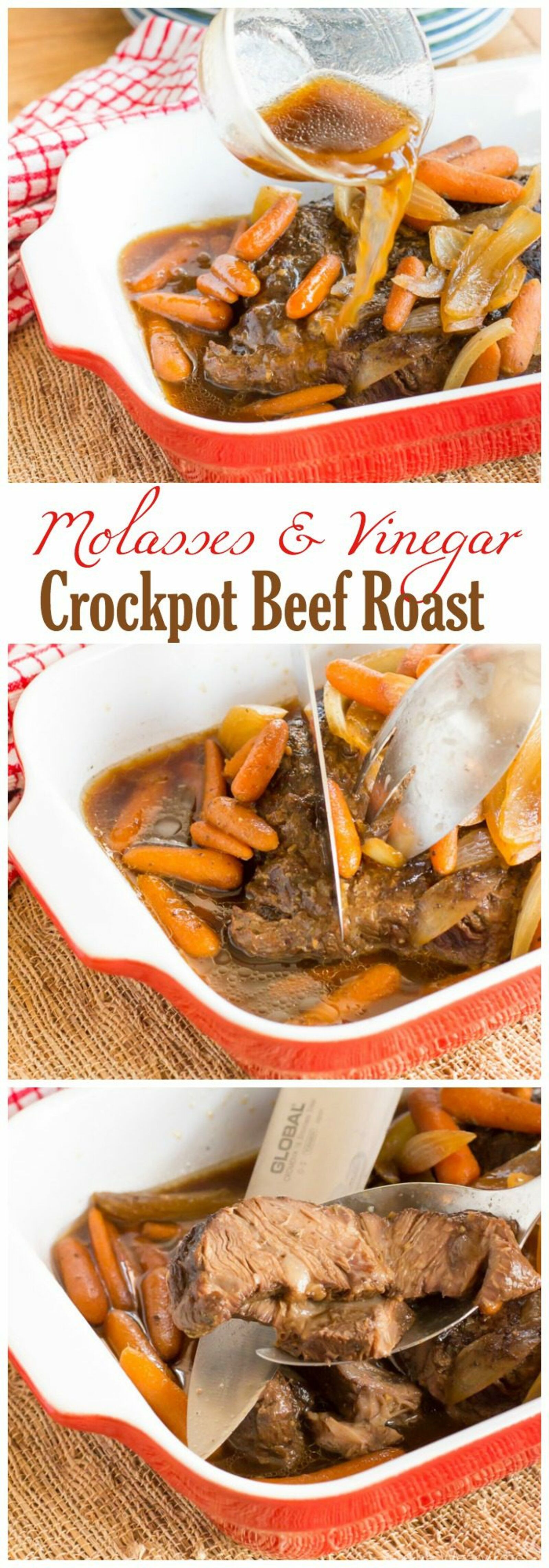 This easy slow cooker roast is quick and easy to make and has a sweet and tangy flavor thanks to molasses and vinegar!