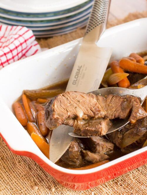 This easy slow cooker roast is quick and easy to make and has a sweet and tangy flavor thanks to molasses and vinegar!