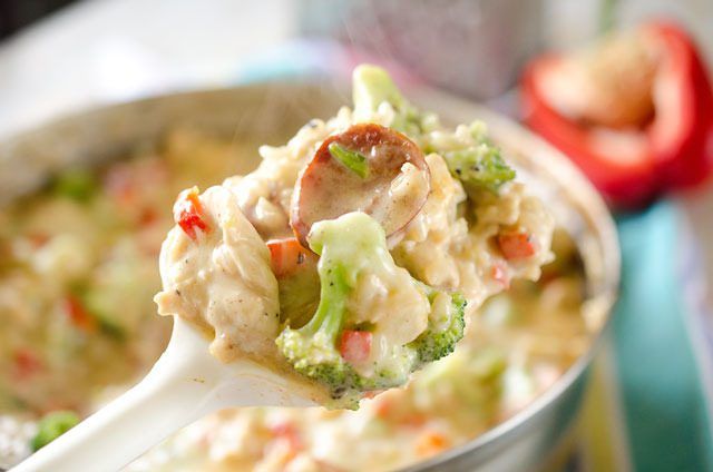 Light Cheesy Chicken Sausage and Rice Casserole
