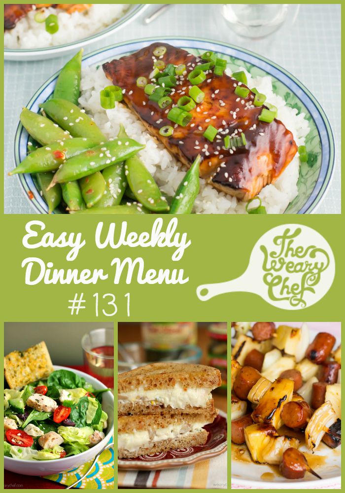 Hot Dog Kebabs, Salmon Teriyaki, and Artichoke Dip Grilled Cheese Sandwiches are just a few of the easy dinners in this week's menu!