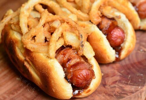 BBQ Bacon Hot Dogs with Crispy Onions by Will Cook for Smiles