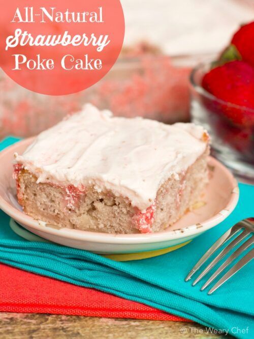 This easy strawberry poke cake is made with all natural mixes and fresh berries!