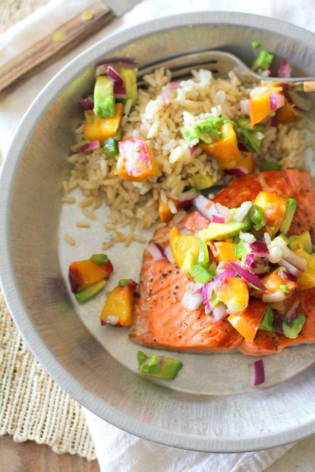 Grilled Salmon with Grilled Peach and Avocado Salsa by The Roasted Root