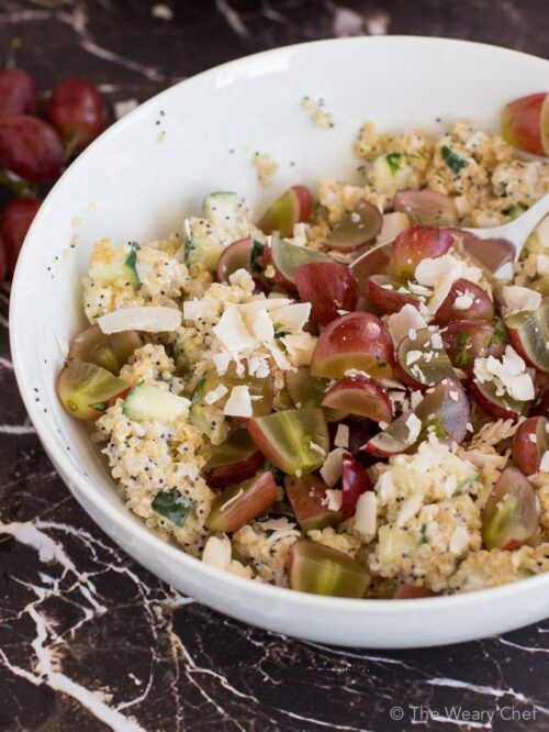 This easy quinoa salad is loaded with flavor and texture thanks to grapes, coconut, and a light yogurt dressing. Perfect side dish for chicken and fish!