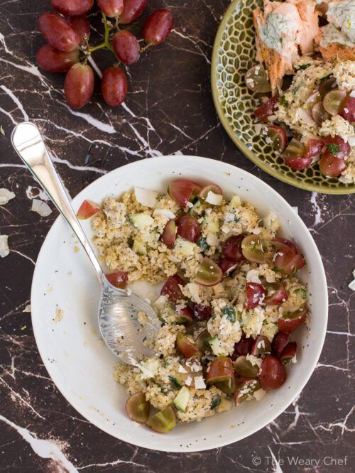 This easy quinoa salad is loaded with flavor and texture thanks to grapes, coconut, and a light yogurt dressing. Perfect side dish for chicken and fish!