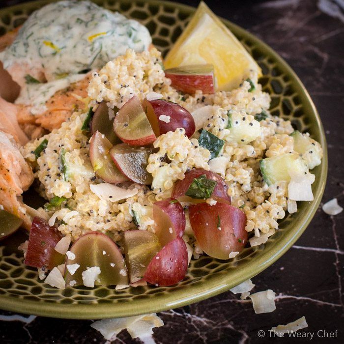 This easy quinoa salad is loaded with flavor and texture thanks to grapes, coconut, and a light yogurt dressing. Perfect side dish for chicken and fish!