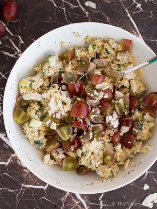 This easy quinoa salad is loaded with flavor and texture thanks to grapes, coconut, and a light yogurt dressing. Perfect side dish for chicken and fish!