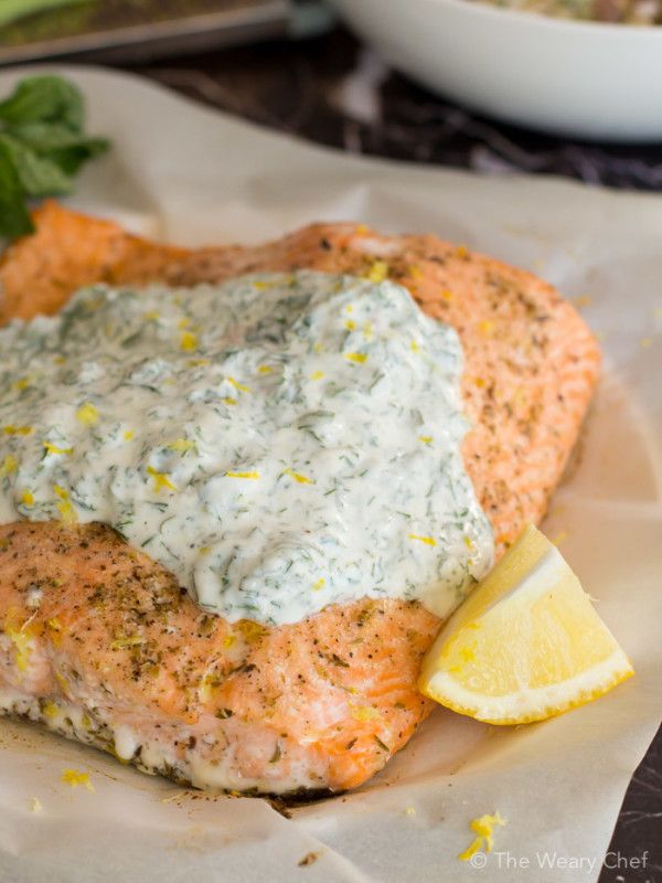 This elegant roasted salmon topped with herbed yogurt is very simple to prepare!