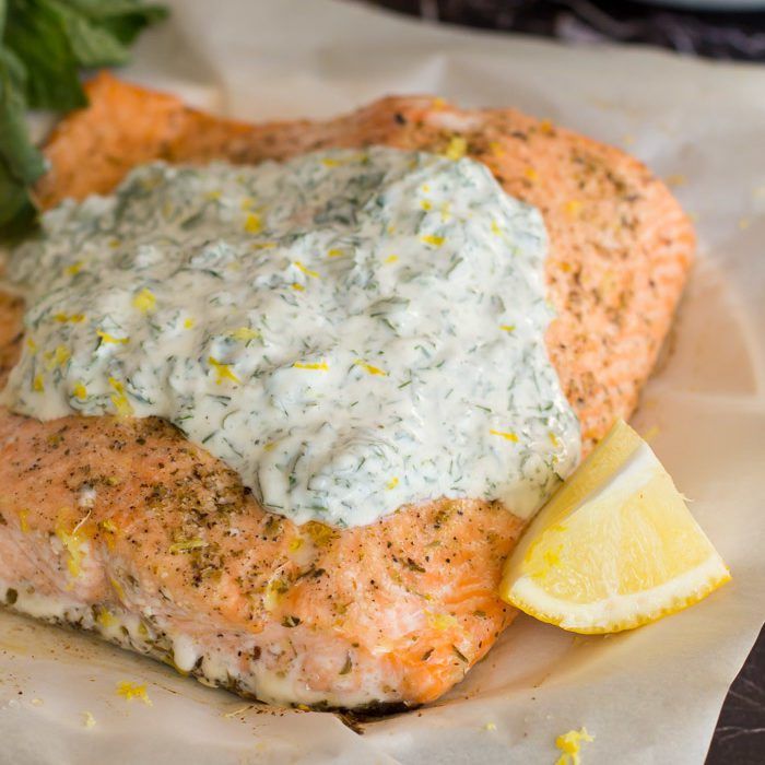 This elegant roasted salmon topped with herbed yogurt is very simple to prepare!