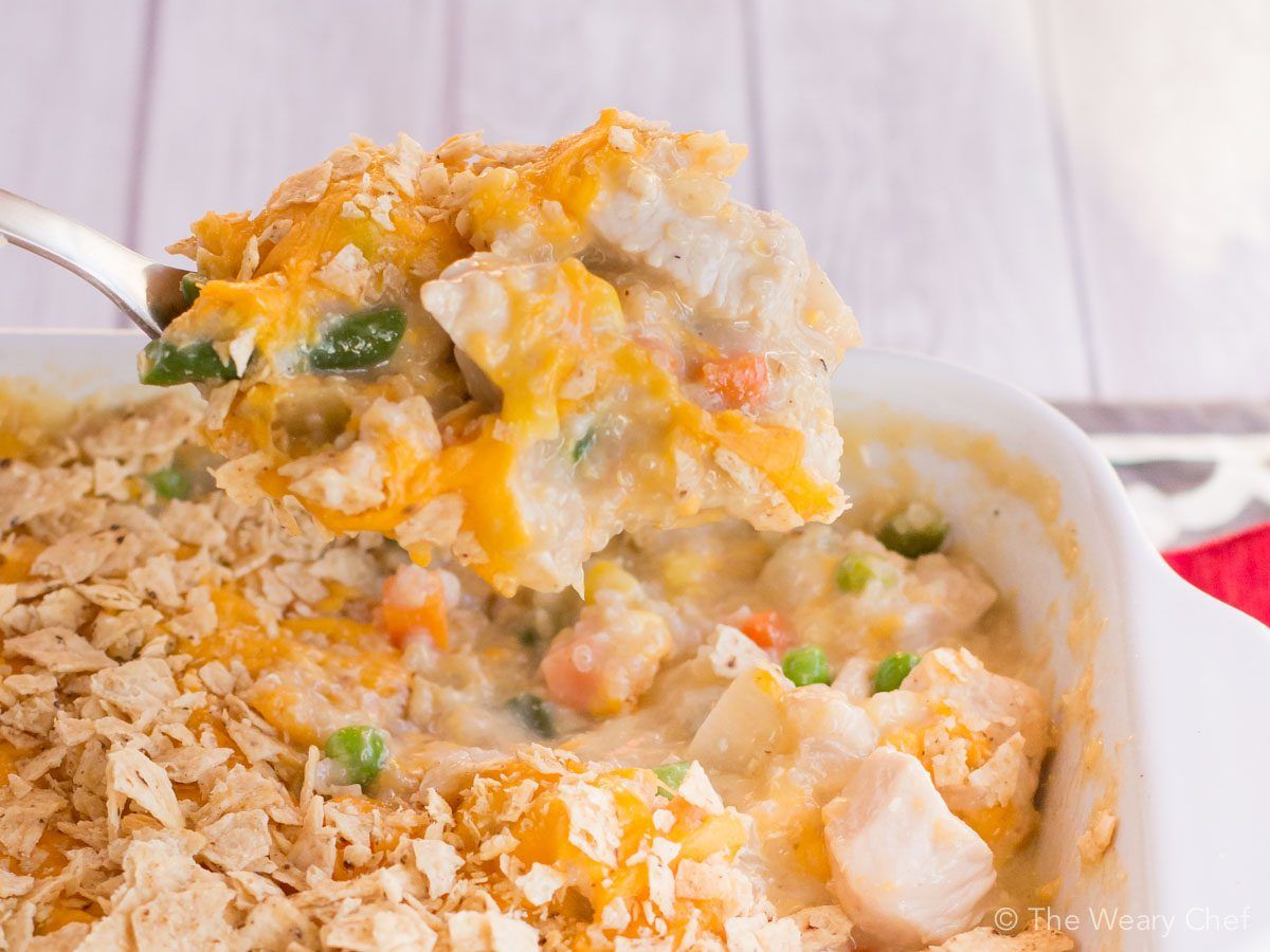 This chicken and vegetable quinoa casserole is loaded with tender chunks of chicken and cheddar cheese, then topped with crunchy tortilla chips. Such a satisfying and easy dinner recipe!