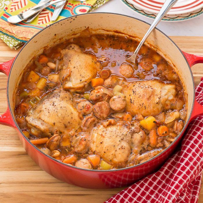 Pull up a chair to enjoy this hearty, savory, delicious One Pot Chicken with Sausage and Beans!