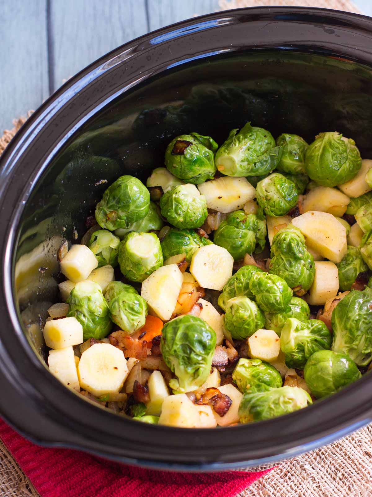 Slow Cooker Brussel Sprouts Recipe with Bacon and Chicken - The Weary Chef