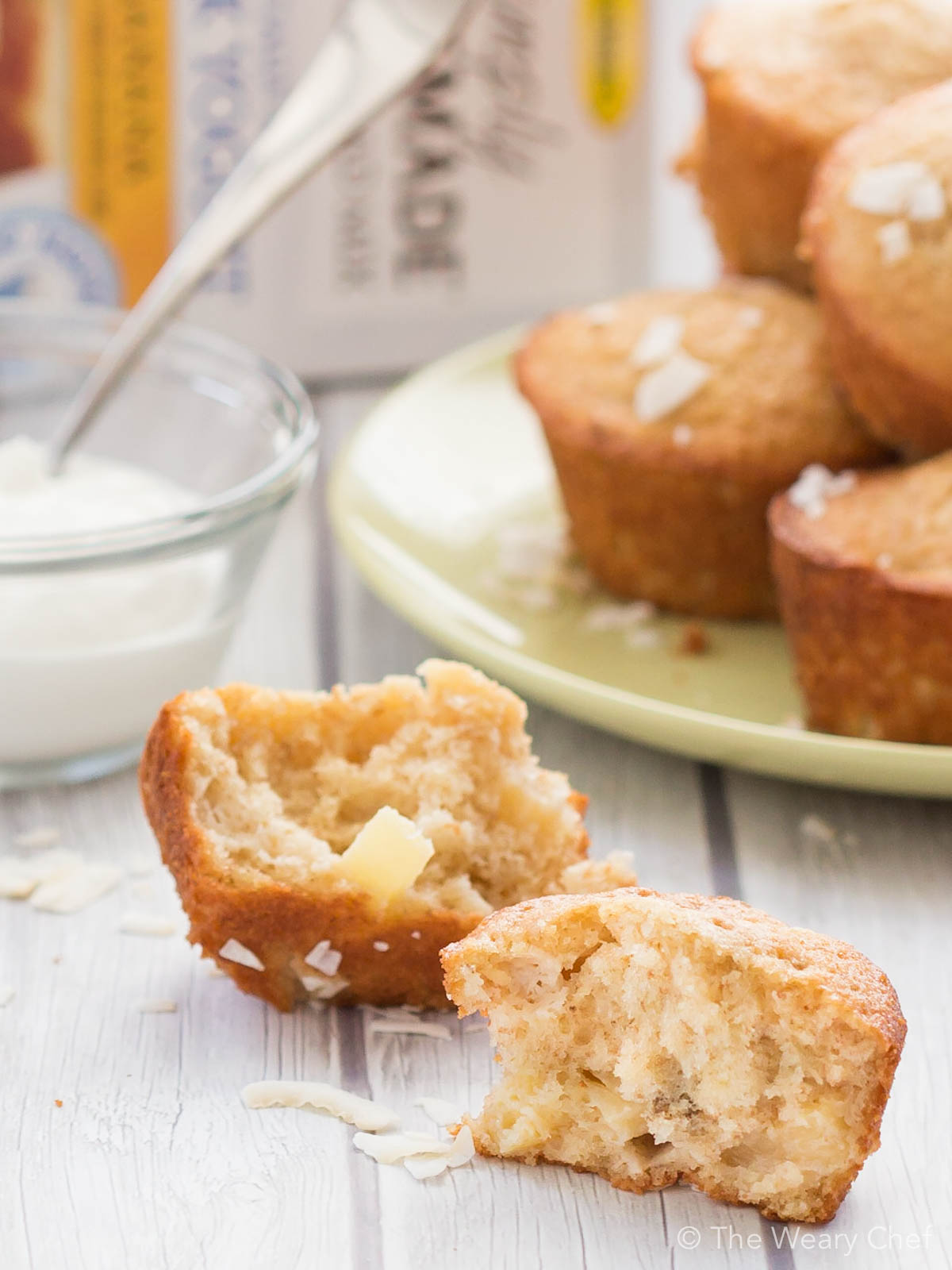 Banana, coconut, and pineapple muffins are made easy and delicious with Greek yogurt and baking mix!