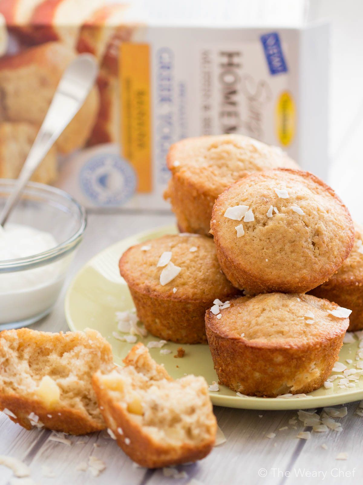 Banana, coconut, and pineapple muffins are made easy and delicious with Greek yogurt and baking mix!