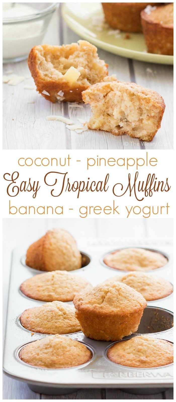 Banana, coconut, and pineapple muffins are made easy and delicious with Greek yogurt and baking mix!