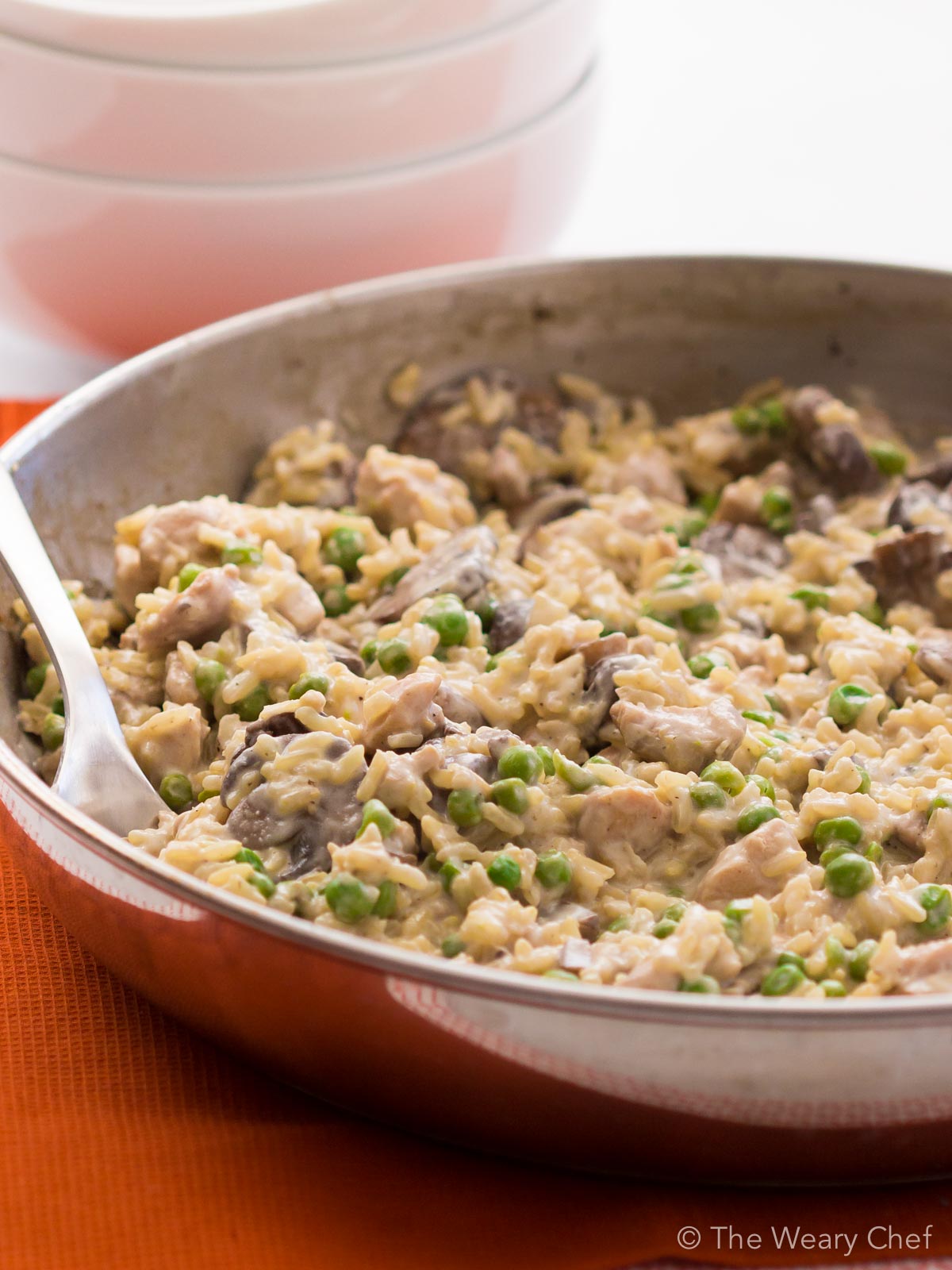 This creamy rice skillet dinner is loaded with chicken, mushroom, and peas in a sour cream sauce. it is a perfect dinner for busy nights!