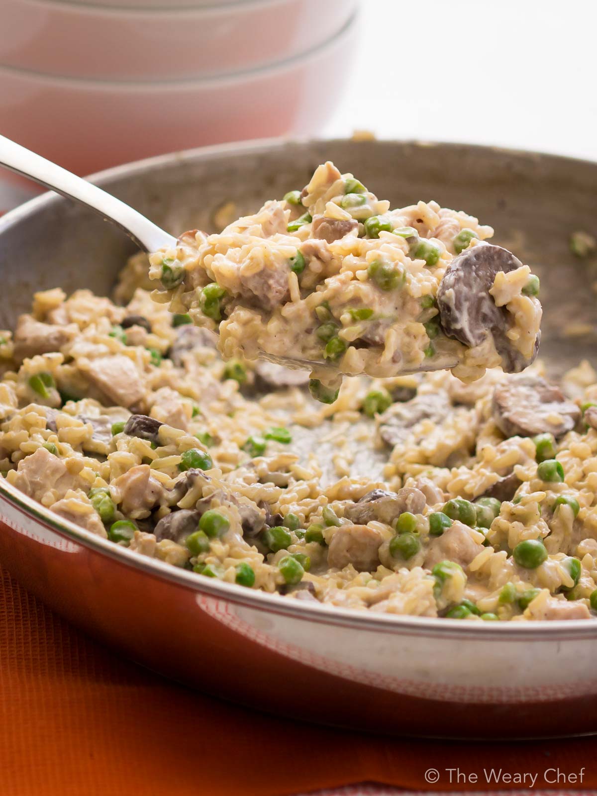 This creamy rice skillet dinner is loaded with chicken, mushroom, and peas in a sour cream sauce. it is a perfect dinner for busy nights!